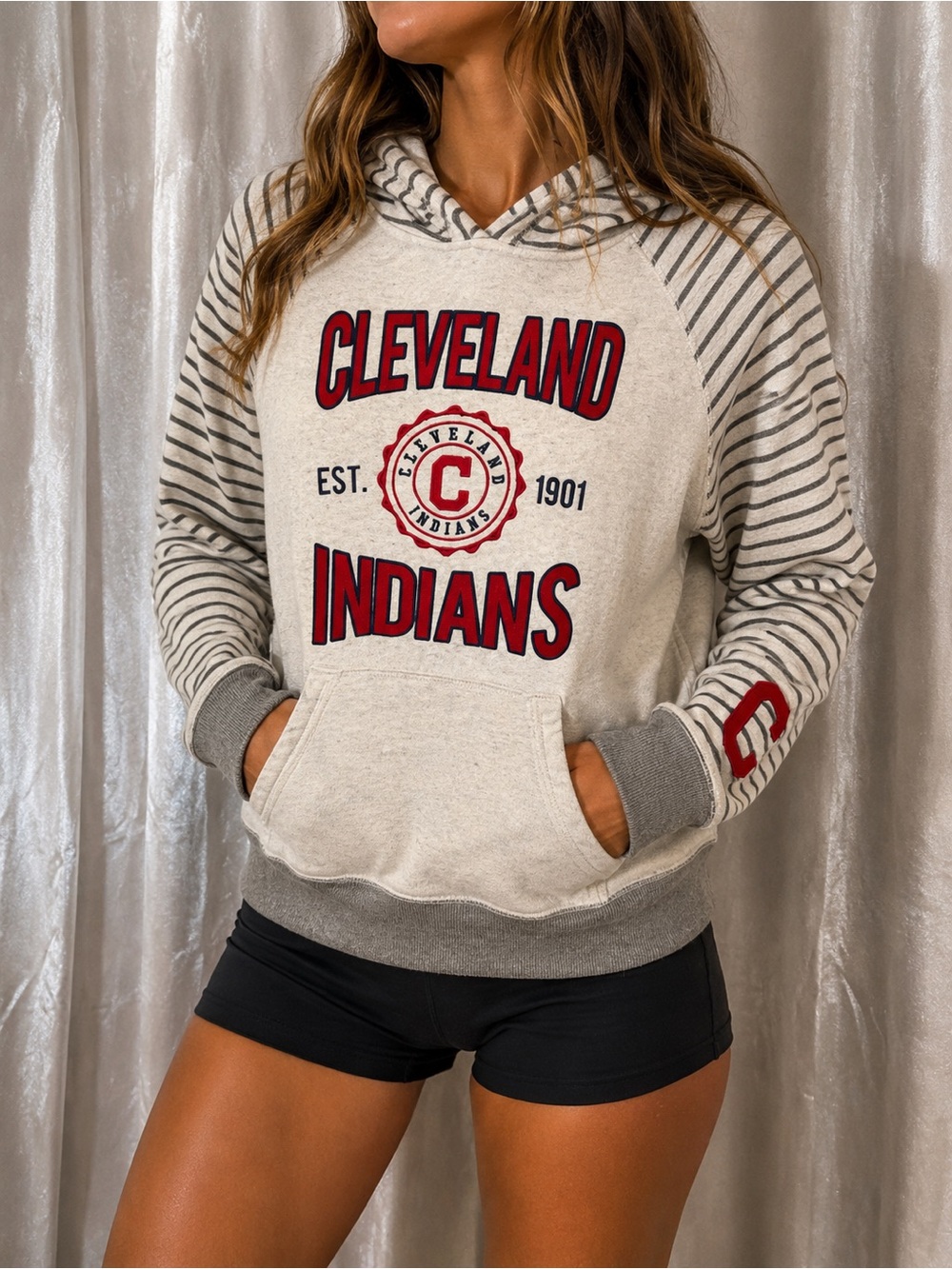 Cleveland Indians Hoodie Womens M Soft As A Grape Striped MLB Embroidered